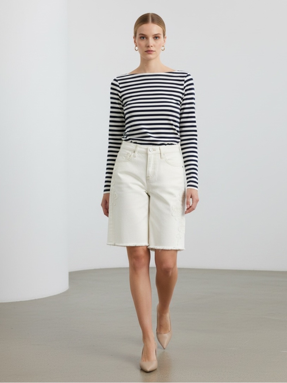 1510 • Cream Stretch Cotton Tone-on-Tone Raw Edge Floral Appliqué Long Shorts